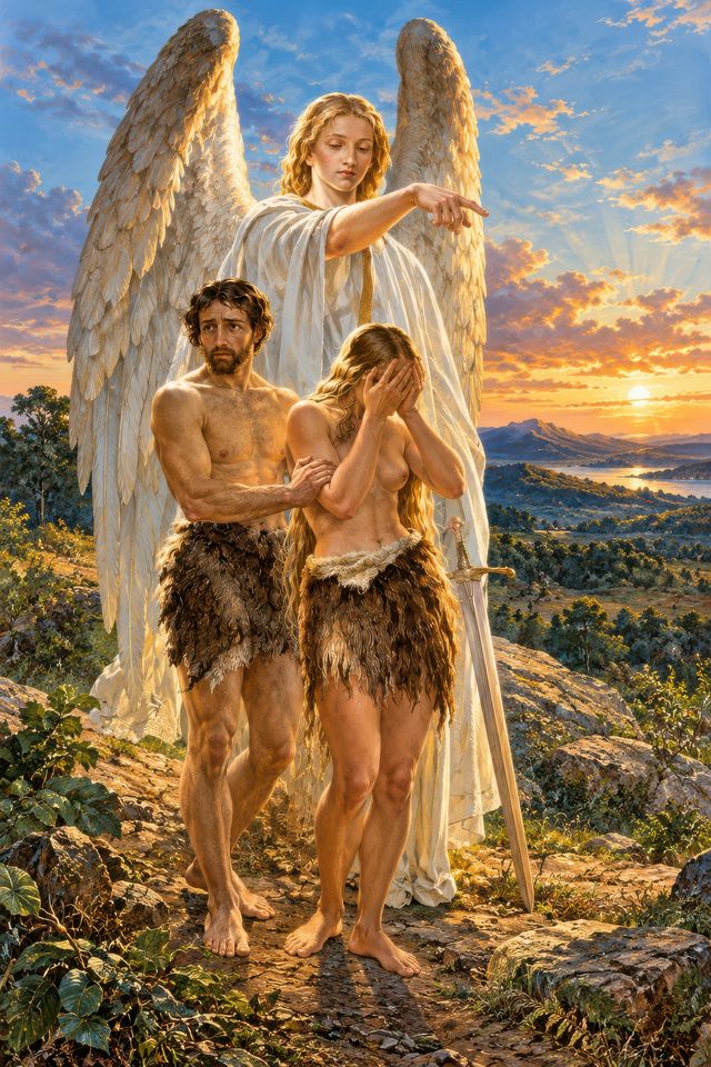 A winged angel in white points the way as Adam and Eve, dressed in skins, leave the garden. Eve covers her face. Behind them a valley and river glow at sunset.