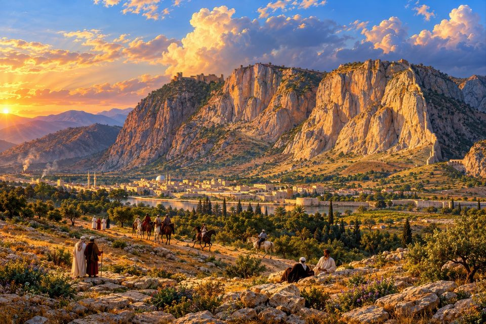 Riders and walkers on a rocky hillside path above a domed and minareted town beside a river, below sunlit limestone cliffs topped by a ruined fortress, at sunset.