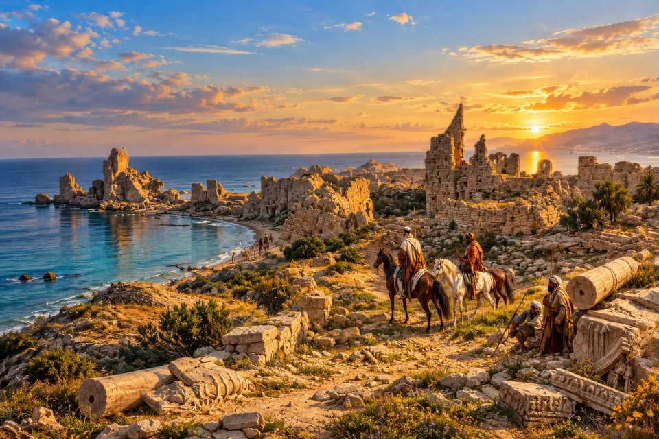 Riders on horseback cross a headland of fallen columns and broken walls above a turquoise bay, with the sun low over the sea.
