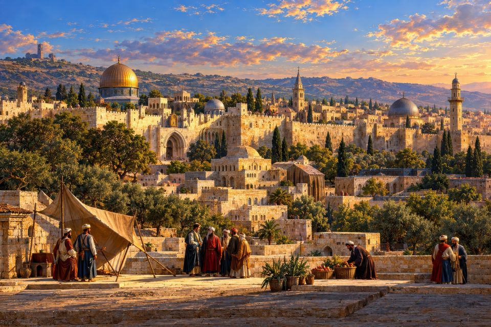 Jerusalem at golden hour, with a gold dome, grey domes, a minaret and stone houses among cypress trees, and robed figures on a terrace in the foreground.