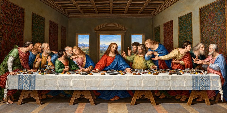 Christ in red and blue sits at the centre of a long white-clothed table with the twelve apostles in coloured robes, beneath a coffered ceiling with three windows behind.