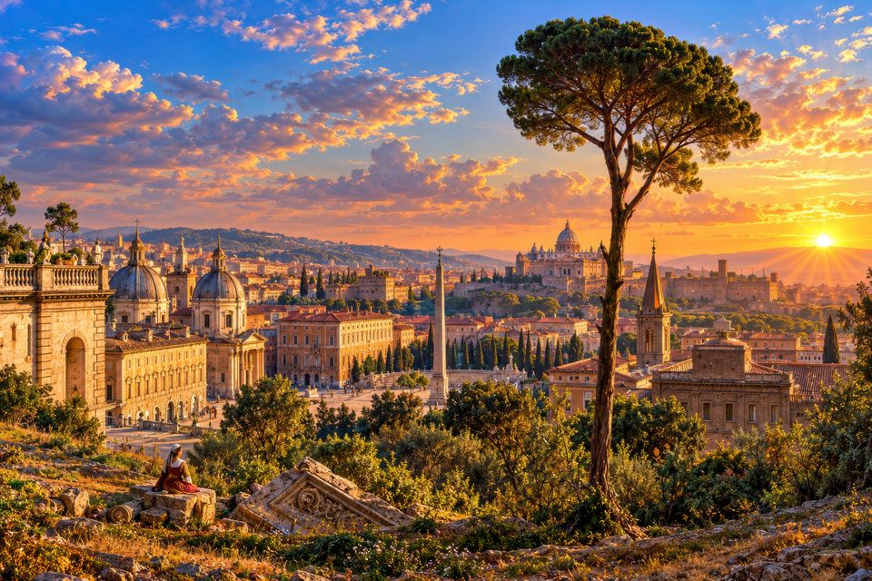 A woman in red rests on fallen carved stones on a hillside above Rome, beside a tall umbrella pine, with domed churches, palaces, an obelisk and a great dome on the skyline at sunset.