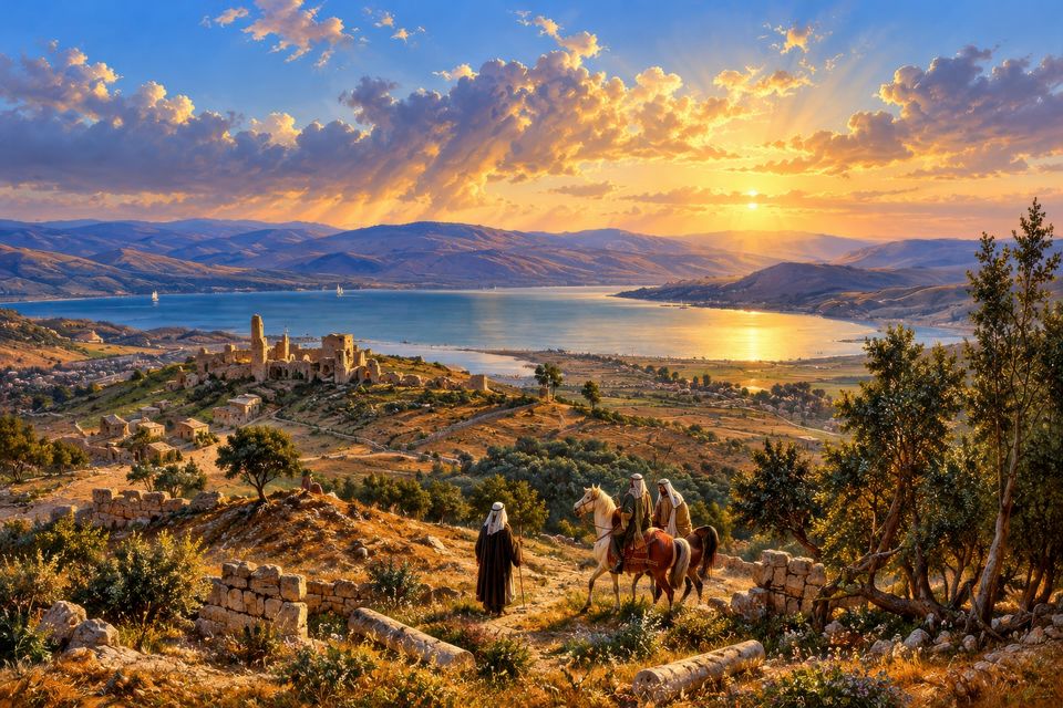 A traveller with a staff and two riders on horseback on a hillside path among olive trees and ruined walls, looking down over a ruined hill town to a wide blue lake and hills under a golden sunset.