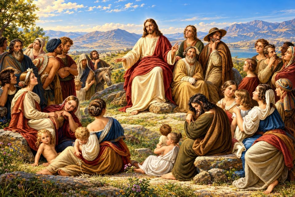 Christ in white and red sits on a rock teaching, surrounded by men, women and children on a grassy hillside, with mountains and a lake behind.