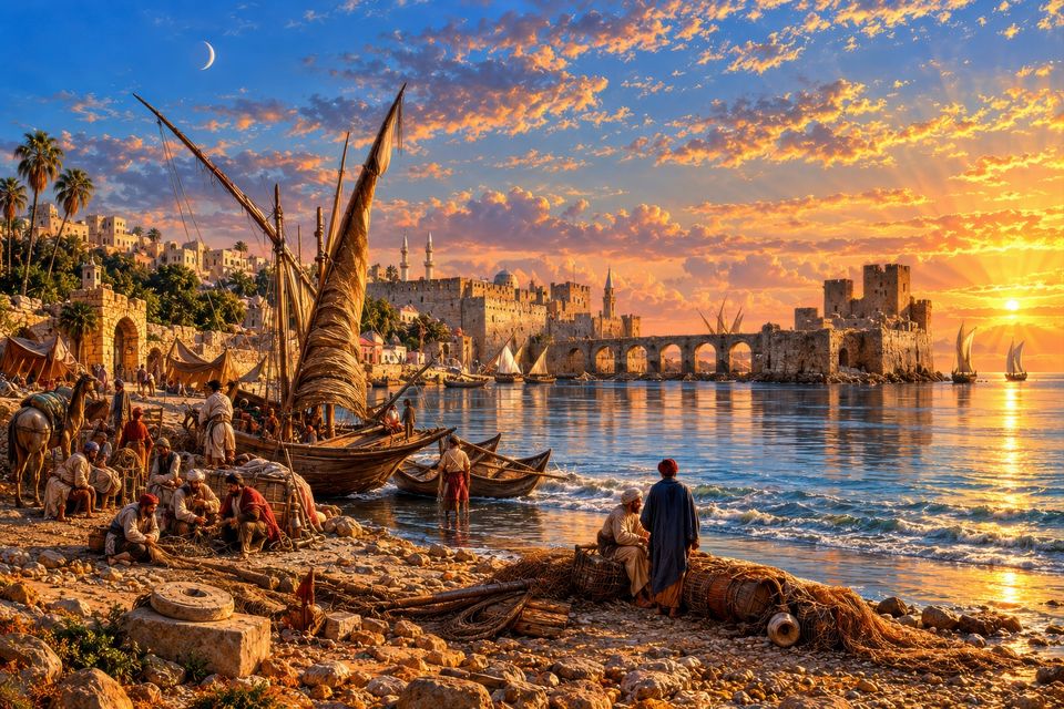 Fishermen mending nets beside a beached lateen-rigged boat and a camel on a stony shore, with a walled sea castle on an arched causeway, minarets and a hillside town under a golden sunset and crescent moon.
