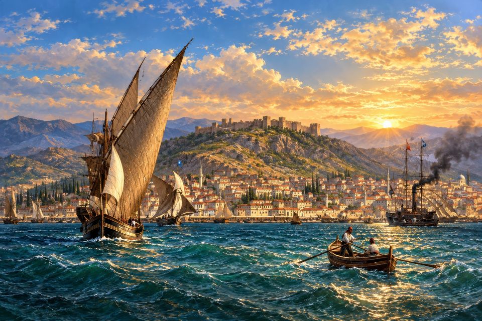 A lateen-rigged sailing ship and a rowing boat on a choppy harbour at sunset, with a steamship, a crowded waterfront town and a hilltop fortress behind.