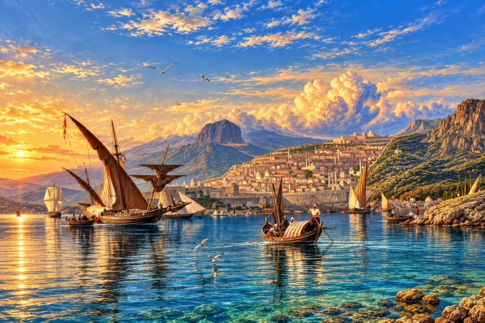 Sailing ships and a small boat on calm, clear water at sunset, with a walled hillside city and mountains beyond.