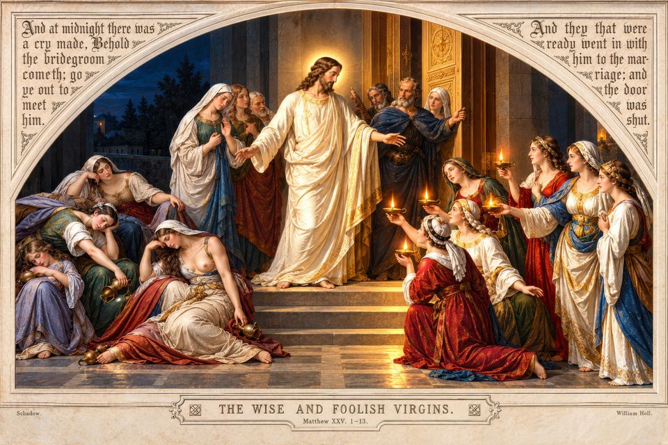 Under a carved stone arch, a glowing Christ stands at a doorway with women holding lit lamps, while others slump asleep on the steps. Gothic inscriptions fill the upper corners.
