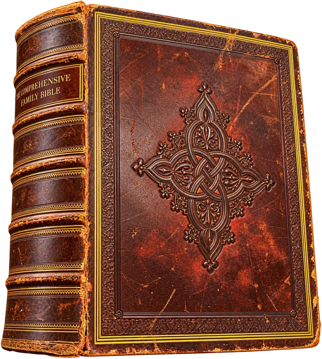 The Comprehensive Family Bible, a Victorian leather-bound family Bible with a worn reddish-brown cover, gilt spine lettering and an embossed cross