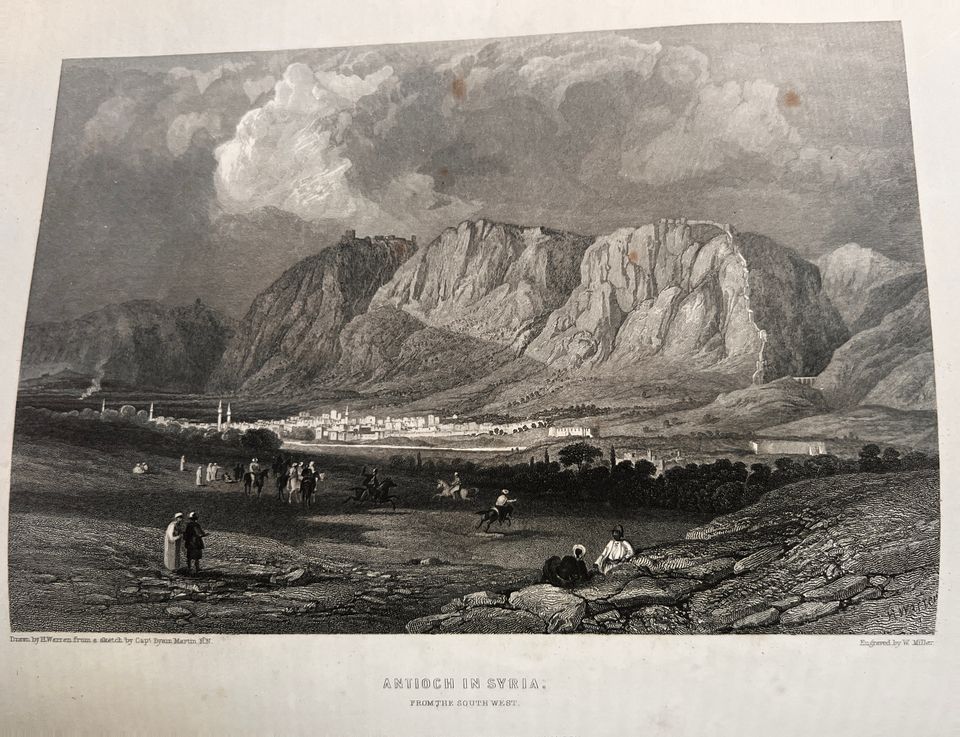 Victorian engraving of a town spread below a great cliffed mountain with a fortress on its summit, and riders and walkers on the plain.