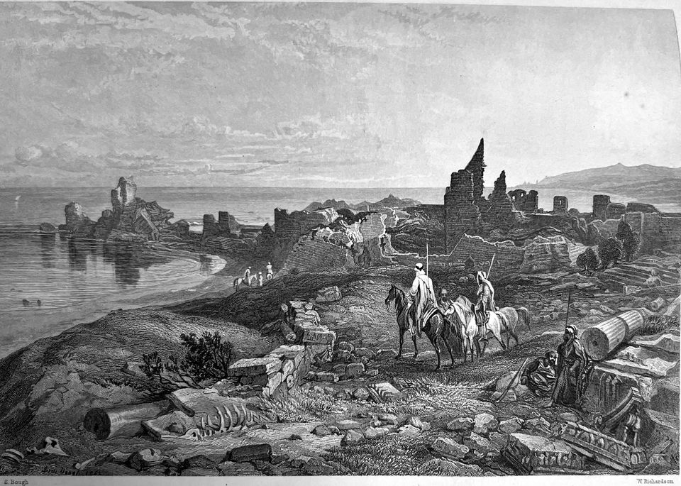 Victorian engraving of horsemen among scattered columns and ruined walls on the coast at Caesarea.