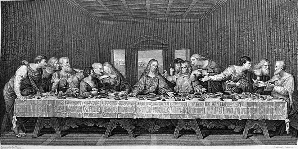 Victorian engraving after Leonardo da Vinci of Christ and the apostles seated along one side of a long table.