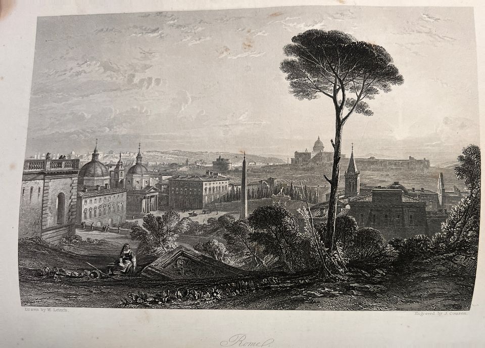 Victorian engraving of Rome beyond a tall umbrella pine, with twin domes, an obelisk and a great dome on the skyline, and a woman seated by a fallen carved stone.