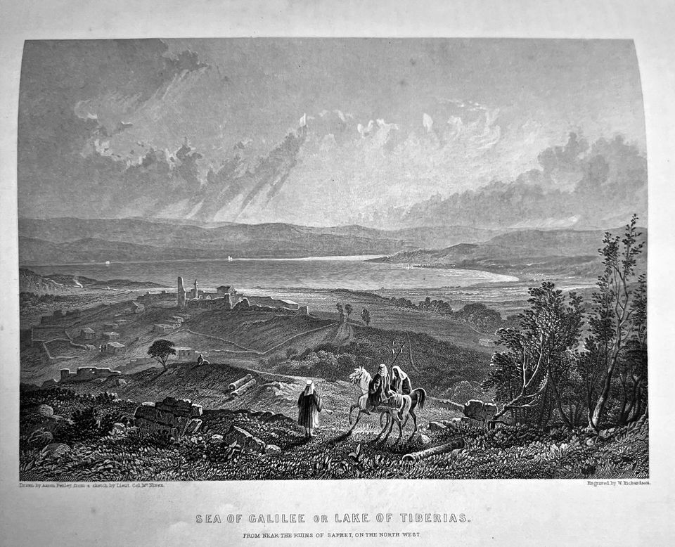Victorian engraving of a wide lake below hills, seen from a high slope with a ruined hill town, a walker and two riders in the foreground.