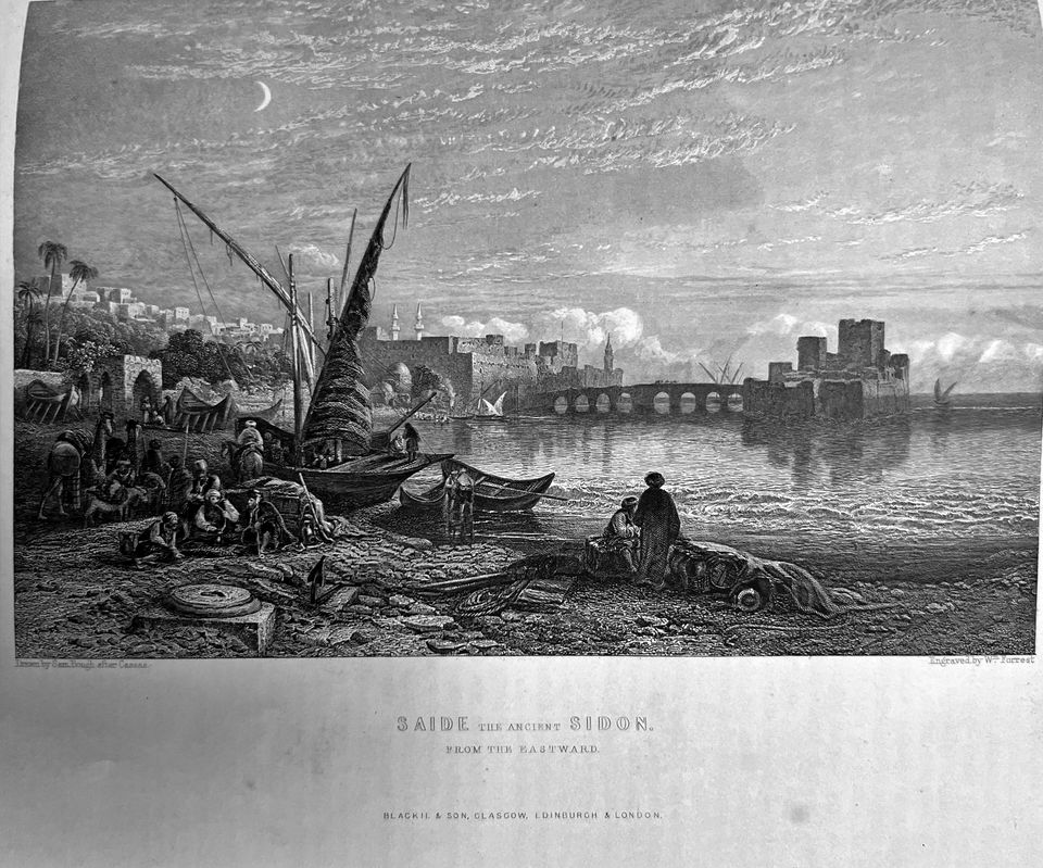 Victorian engraving of a beach with fishermen and nets beside a lateen-rigged boat, a sea castle on an arched causeway and a crescent moon above.