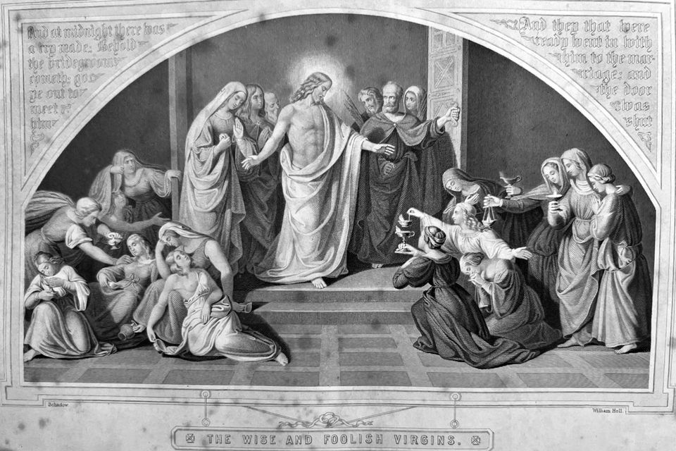 Victorian engraving of the wise and foolish virgins at the bridegroom’s door, inside an arched frame with inscriptions.