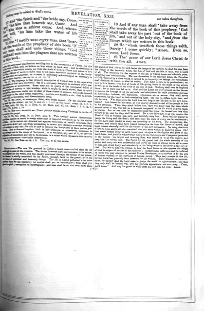 The final page of Revelation, chapter XXII, in two columns with a commentary below