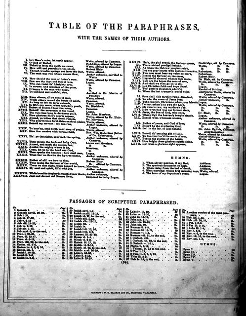 Table of the Paraphrases, with the names of their authors, followed by five hymns and a list of the passages of scripture paraphrased