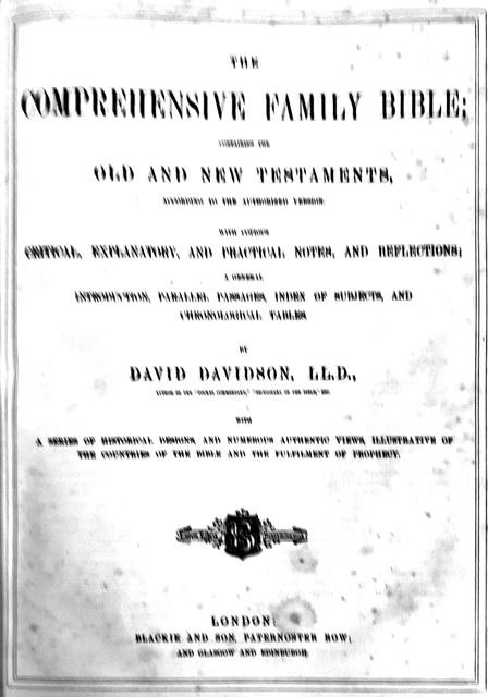 The letterpress title page of The Comprehensive Family Bible by David Davidson, LL.D., London, Blackie and Son