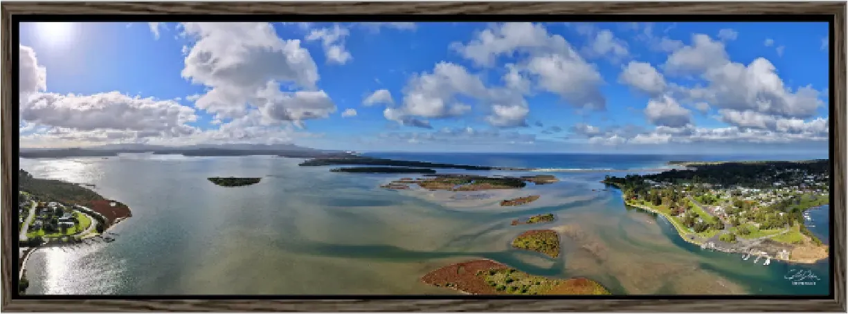 Mallacoota Lake as a panoramic canvas in a walnut floating frame